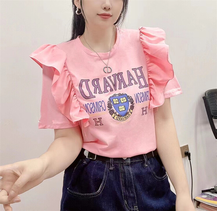 [Yi Ge Li] Korean letter Ruffle loose short sleeve T-shirt 1225# WPL