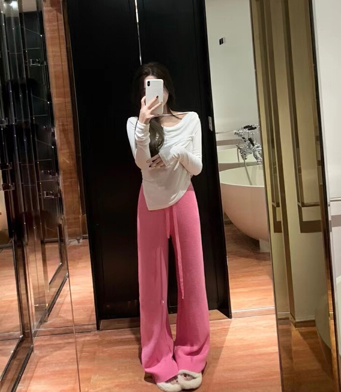 New year in early spring! [pan] waffle drape feeling versatile straight tube High Waist Wide Leg casual pants 00218# PCZ