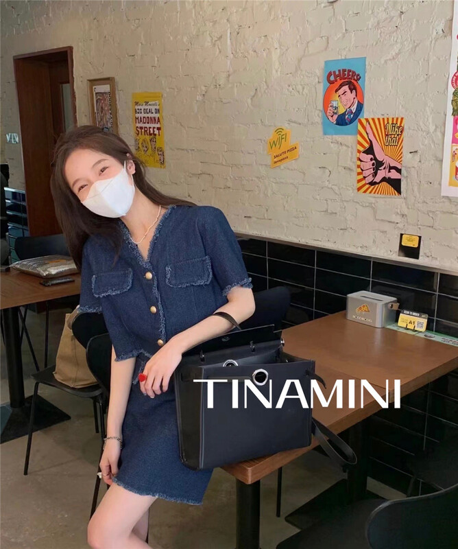 [Tina Mini] Korean style denim V-neck short sleeved shirt + A-line short skirt set m0182# hjy