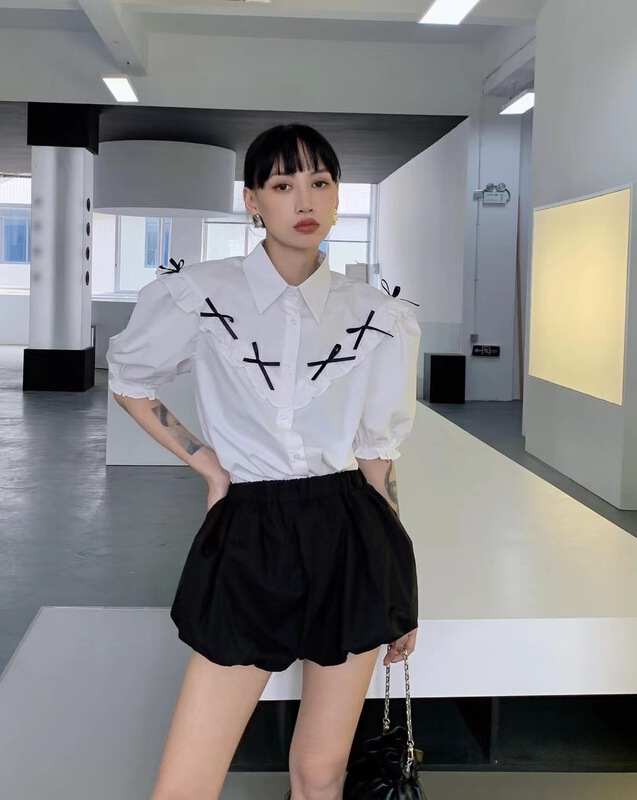 New in early summer! [ICC] bow short sleeve button up pleated shirt 8062# WTT
