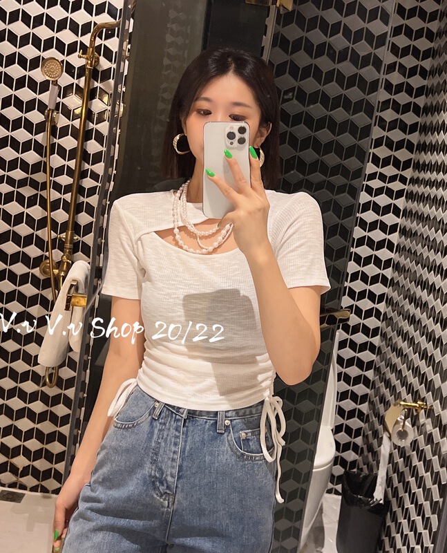 [v.v] niche hollowed out design drawstring short shirt 7717# cqw
