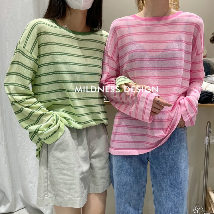 [mildness] imitation linen stripe sunscreen sweater 7394# zjy