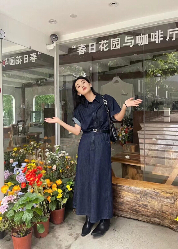 [TZM] temperament versatile casual denim shirt + Korean slim and comfortable denim skirt suit (with belt) 5609# LSW