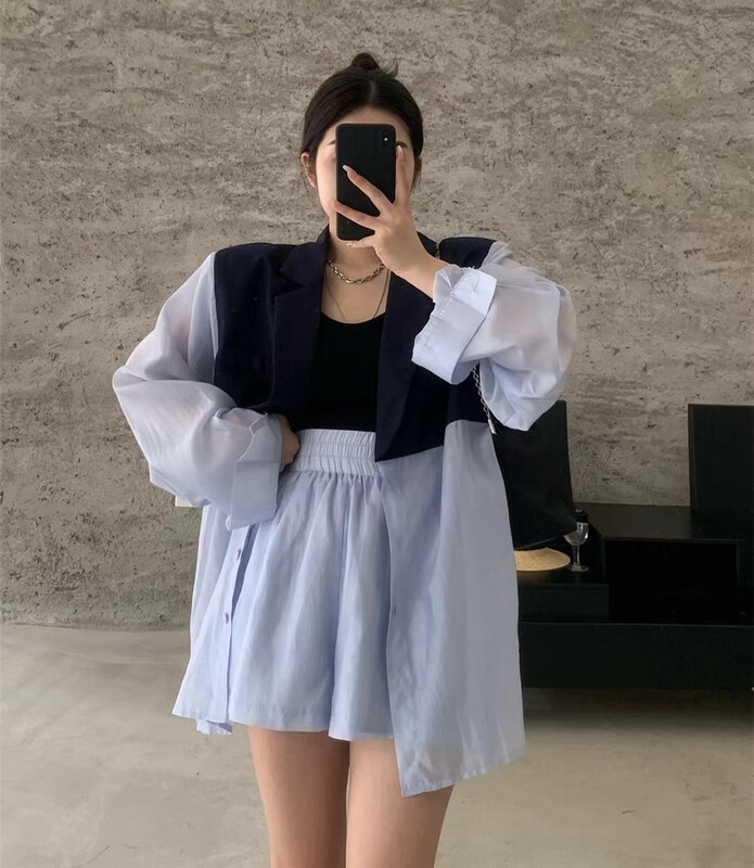[3.three point] temperament splicing design sunscreen shirt + casual shorts two piece suit 7187\cqw