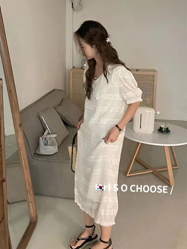 [ISO Korean] Han Fan temperament little sister lace hollow neck loose medium length dress 3101# hjy