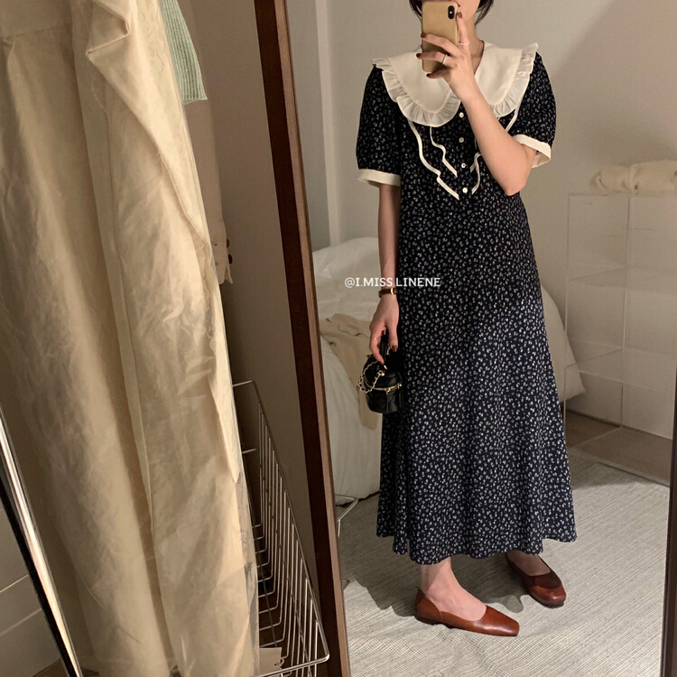 [Imiss] Korean style ruffled floral medium length slim dress cx6305# LSW