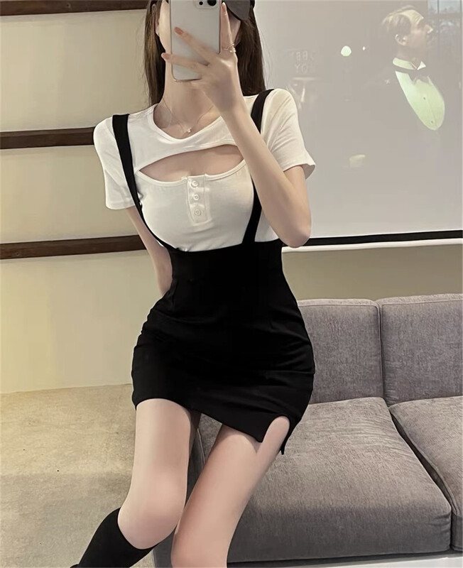 [lucky. Bibi] slim fit solid color fake two short sleeved T-shirts + hip strap skirt two sets 1006# cqw