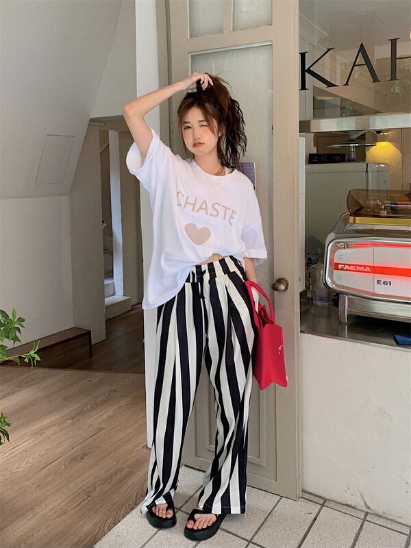 [timely rain] Korean style ins design trend vertical stripe casual pants 02506# WPL