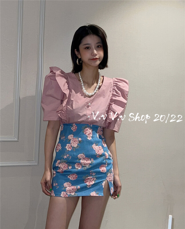 [v.v] Korean solid color ruffled bubble sleeve short shirt 7100# cqw