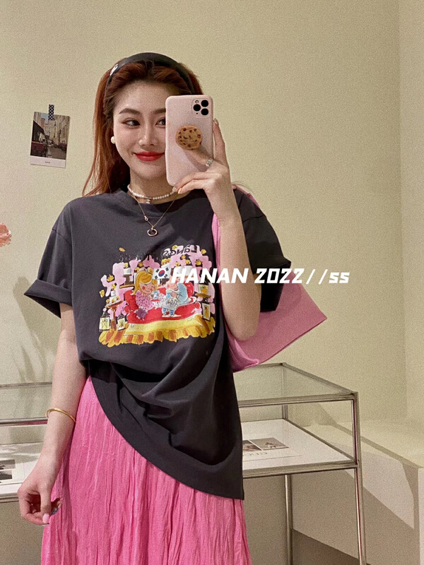 goods in stock! [Hanan] Korean versatile loose large oval machine ironing little girl's short sleeve T-shirt ys1-6122# LSL