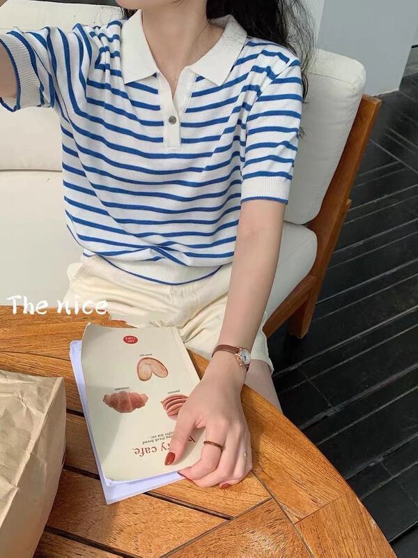[the nice] striped short sleeve fresh sweater 00221# hjy