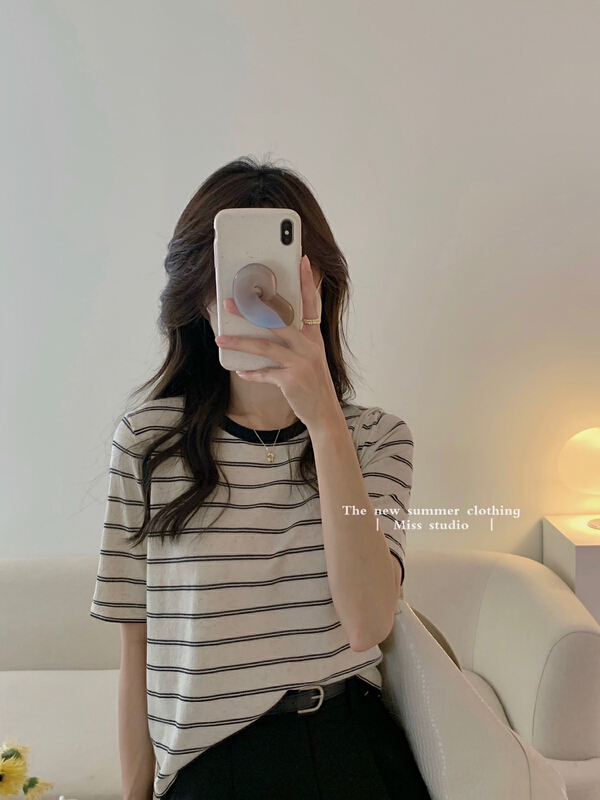 New in early summer! [miss miss miss home] crew neck linen color matching stripe small shirt short sleeve T-shirt 5882# ZSY