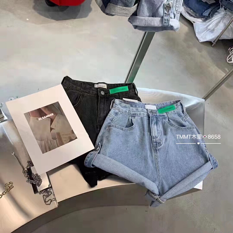 [Jiajia Muli] high waist green label irregular vertical denim shorts 8658# L
