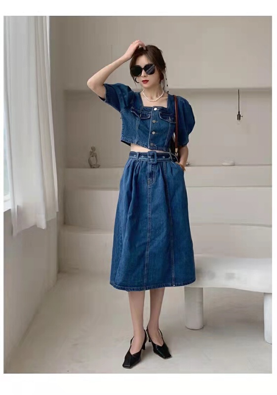 [ASN clothing Museum] Korean Fashion Square Neck denim jacket + loose and versatile skirt suit (with belt) 1211# WPL