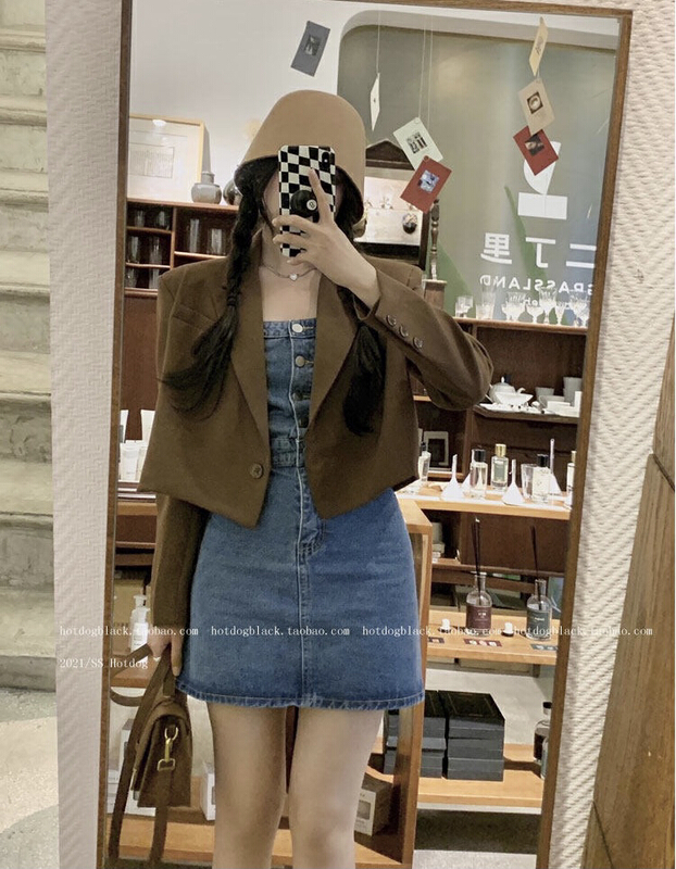 Original price 123.95! New year in early spring! [y.jia Yijia] simple and versatile solid color short coat + slim and versatile denim chest wrap Jumpsuit ys2-8817# PCZ