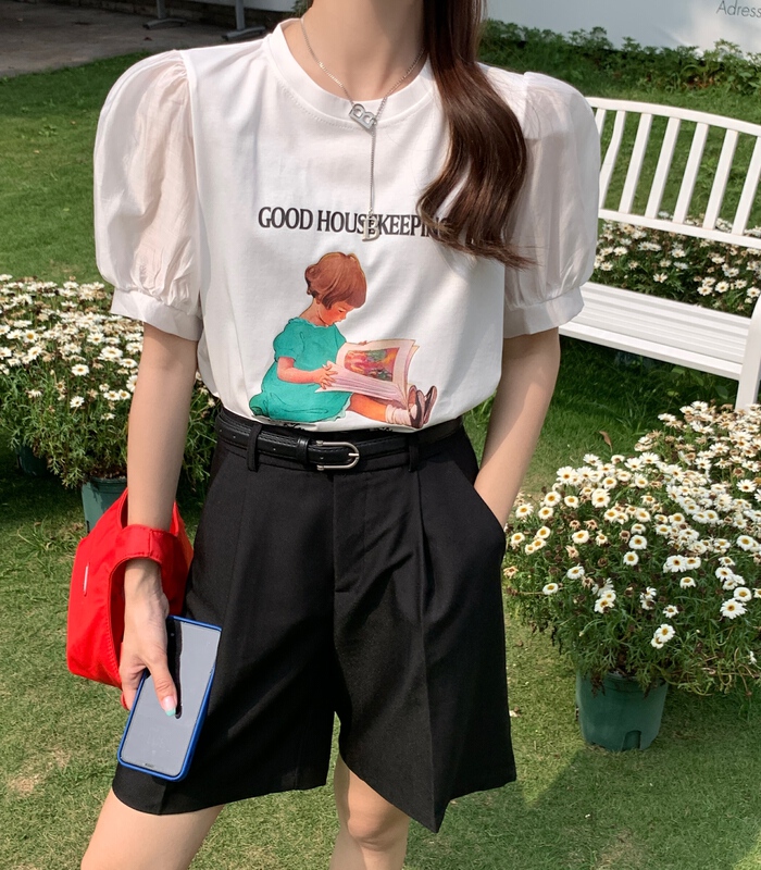 [our] Korean printed bubble sleeve fashion short sleeve T-shirt 9955# LSW