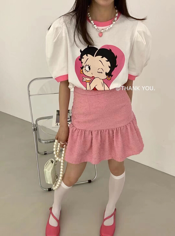 [JX] Korean cartoon printed bubble sleeve short sleeve T-shirt 1058# WTT