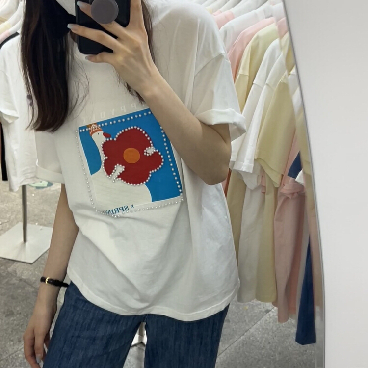 goods in stock! [Libai Li Bai] Korean heavy industry stereo handmade pearl floret short sleeve T-shirt 2817# ll
