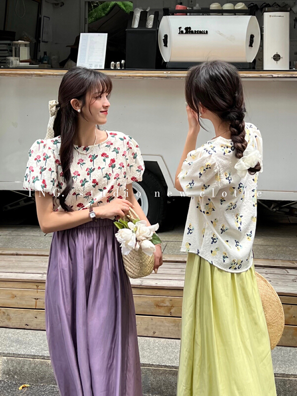 [ing] vintage and versatile bubble sleeve round neck embroidered blouse ing-7729# HBx