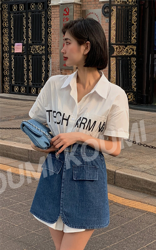 New in early summer! [Koumi] Korean versatile letter short sleeved shirt + slim split skirt suit (with belt) 627# CSX