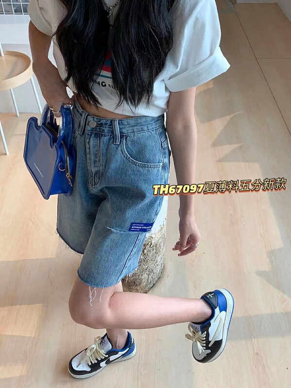 New in early summer! [T.H] Korean Retro Blue Hole five point denim shorts 67097# LSW