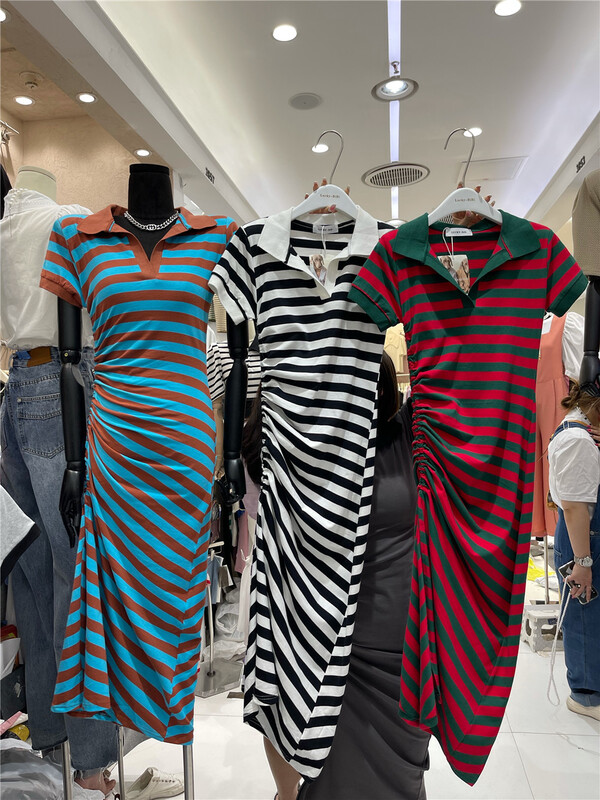 [lucky. Bibi] Korean striped drawstring slim dress 997# cqw