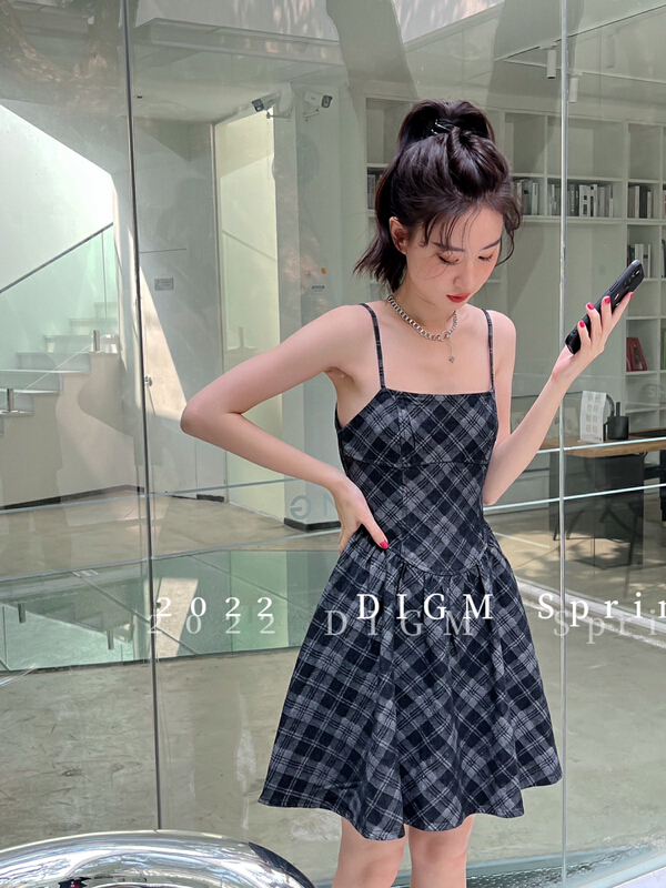 [digm] Vintage suspender Plaid slim dress 5902# zxx