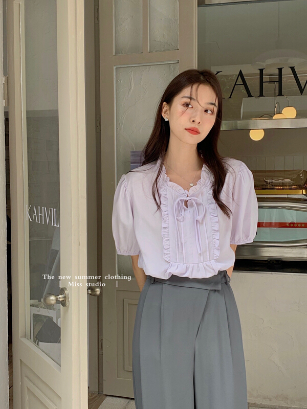 [miss miss miss home] lotus leaf collar lace up fashion blouse l6617# zjy