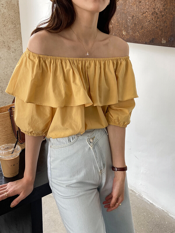 [C for her] ruffled off shoulder short shirt 5131# XJ