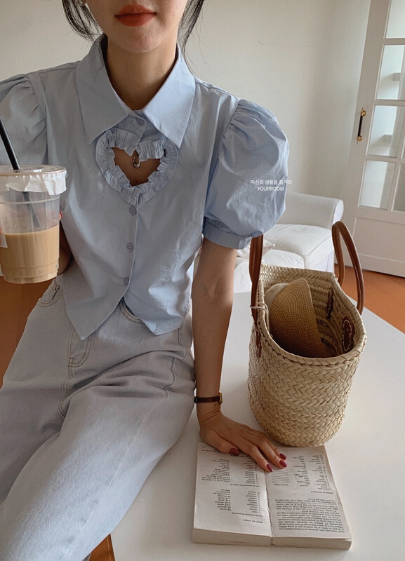 [your room] careful machine love hollowed out bubble sleeve short shirt 082# cqw