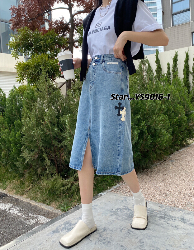 New in early summer! [star] ins style embroidery pattern high waist slit denim skirt ys9016-1# CLS