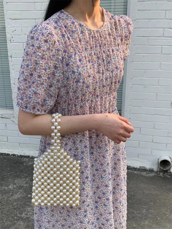[xhm] Korean version of broken flowers, pull and waist closing bubble sleeve dress 320# ZSY
