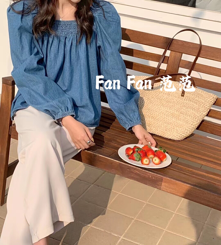 New year in early spring! [fan fan] Korean fashion trend temperament cowboy loose and versatile large top small shirt 6003# JJ