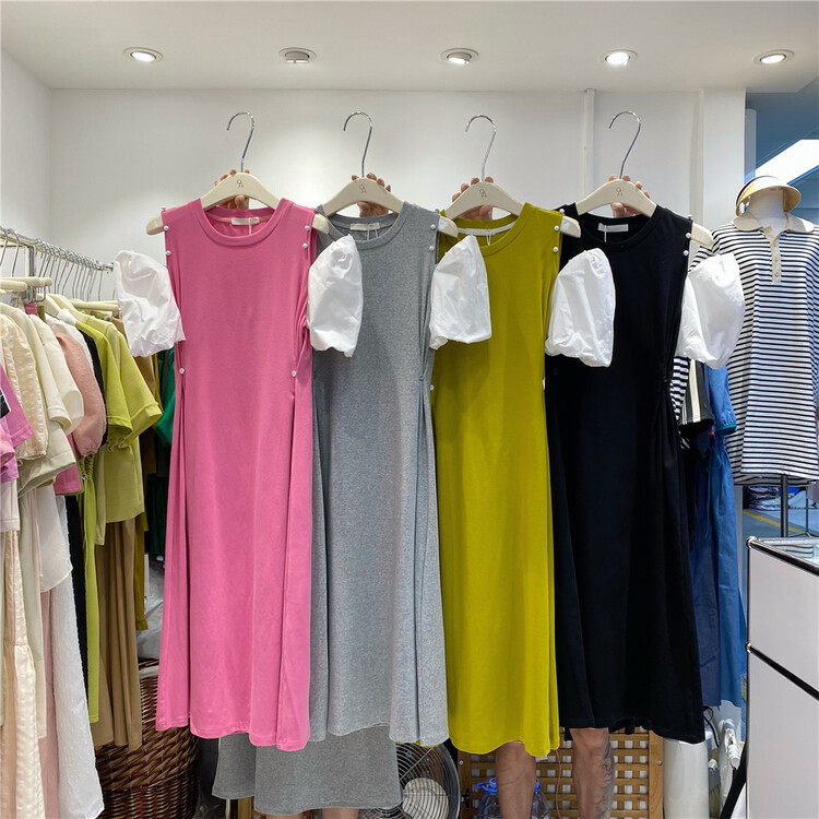 Live 84! [OA] Korean off shoulder bubble sleeve slim dress 1278# XYY