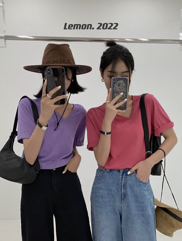 New in early summer! [lemon green tea] Korean solid color versatile short sleeve T-shirt 2125# hjy