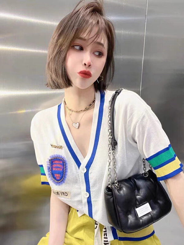 [f · P] net red V-neck heavy industry candy color short sleeve knitted cardigan 2682# HBx