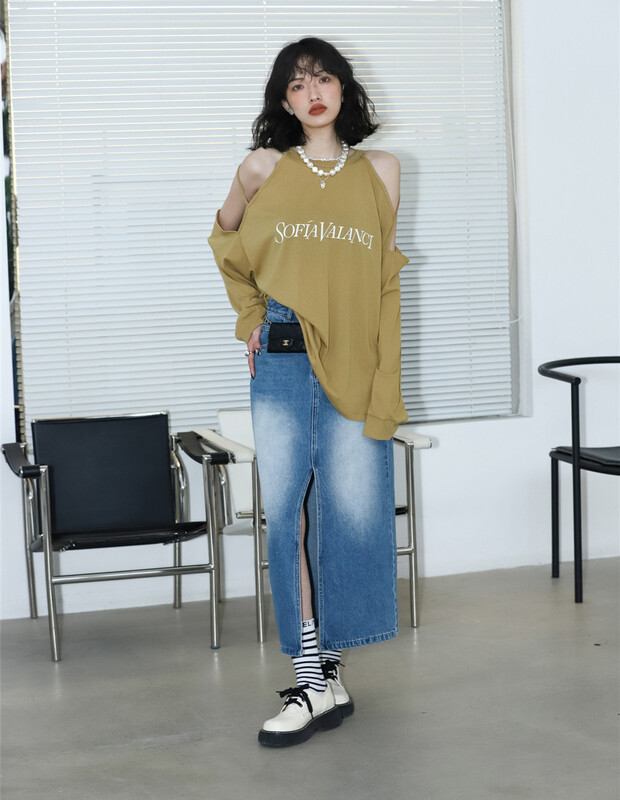 goods in stock! New year in early spring! [S & she] design lazy off shoulder long sleeve T-shirt 1089a# XJ
