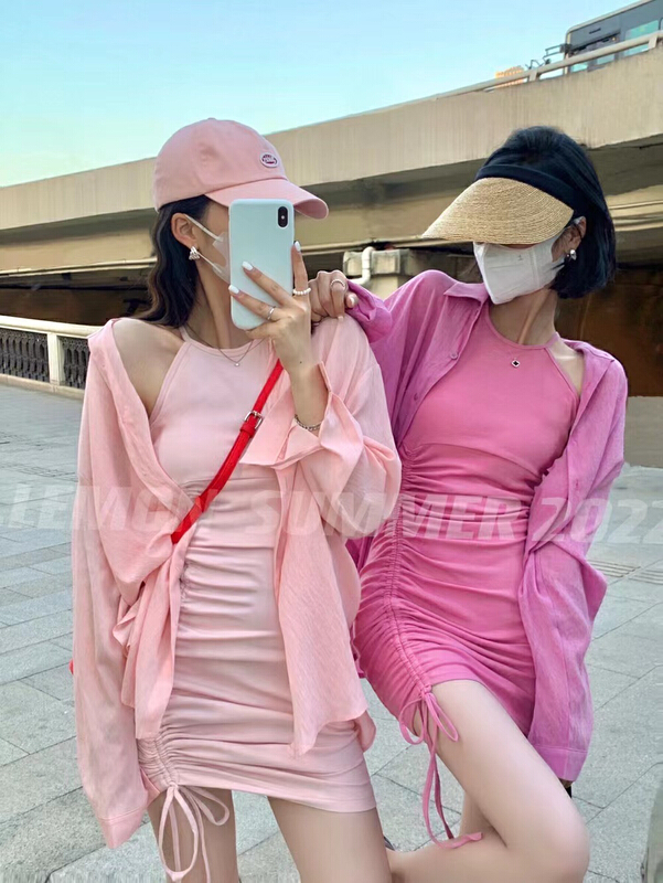goods in stock! [MI] Korean long sleeved sunscreen shirt + drawstring dress suit 9140# PCZ