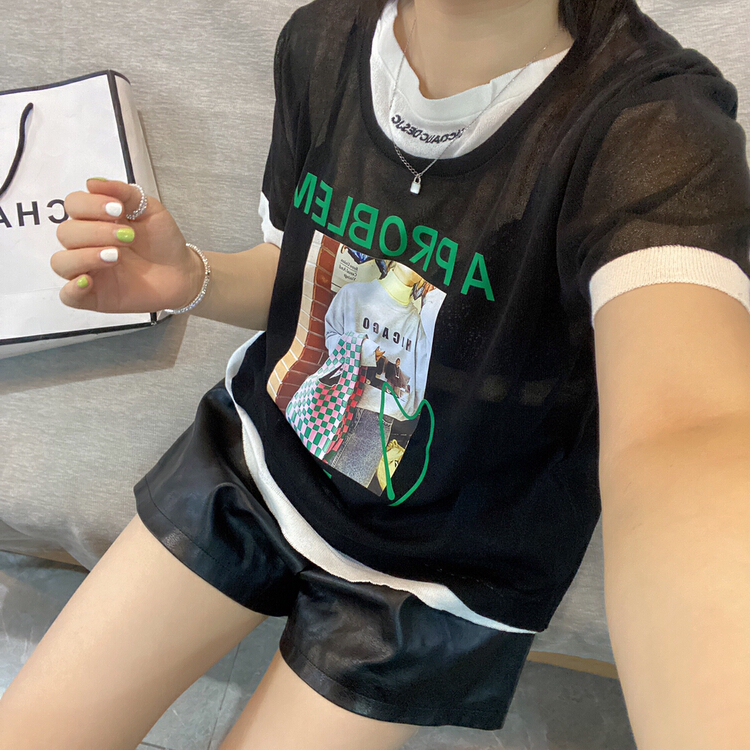 [Qijia +] fashion embroidery ice silk fake two small shirts 7605# zyh
