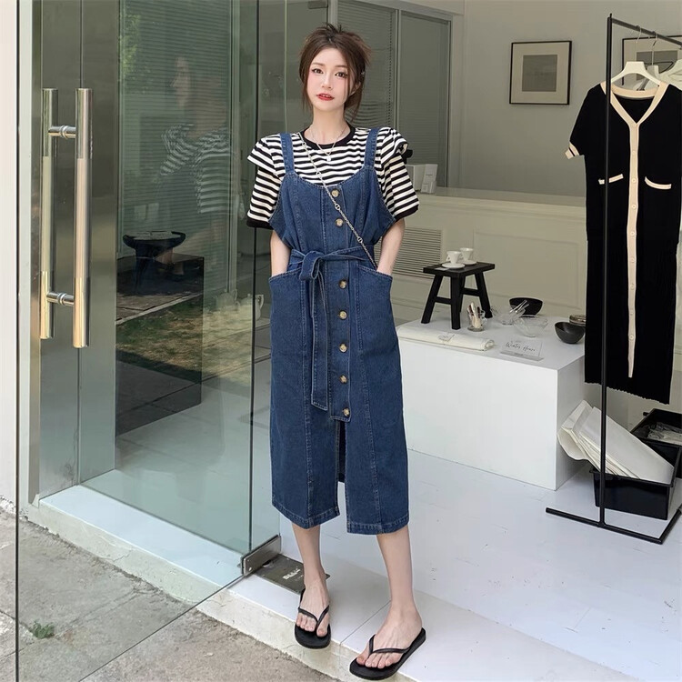 [goblin] Korean version slim, slim, medium and long denim strap skirt (detachable with belt) (only strap skirt) 9581# lwy