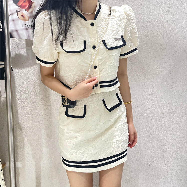[NC edition] xiaoxiangfeng color contrast border blouse + Hip Wrap Skirt Suit z2308# zxx