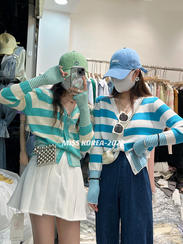 goods in stock! New year in early spring! [Miss Korea] striped Versatile Single breasted knit cardigan 6107# HBx