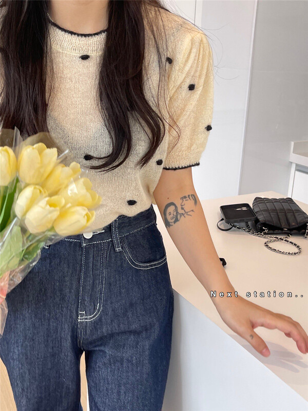 [next station] Korean wave dot short sleeved sweater (with hair circle) 22139# ZSY