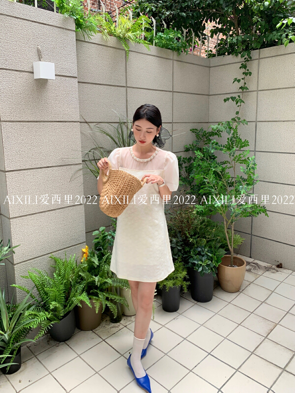 [aixili aisili] Korean bubble sleeve round neck pearl dress 6580# WPL