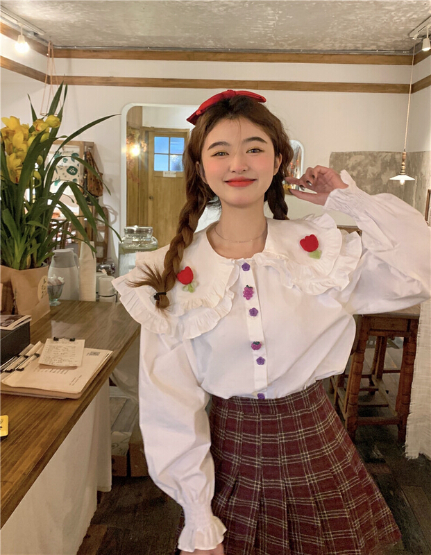 New year in early spring! [timely rain] Han Feng's sweet double-layer lace collar three-dimensional flower doll cute wide shirt (small flowers at the neckline can't be disassembled, shirts are sold alone) 65210# WPL