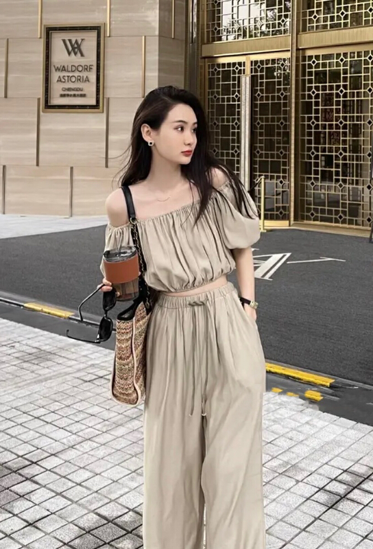[JH] line shoulder slim shirt + loose and comfortable casual pants set (excluding matching) 41634# PCZ