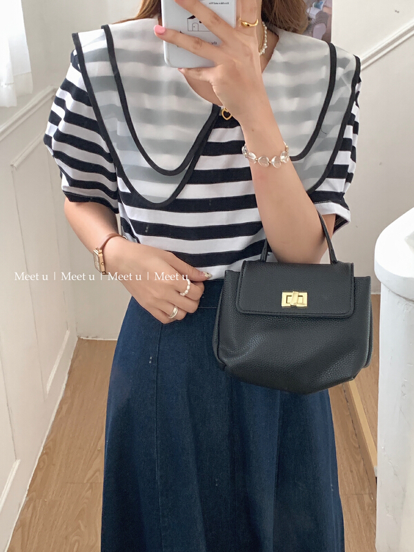 [meetu] Korean style double neckline stripe blouse 2226# HBx