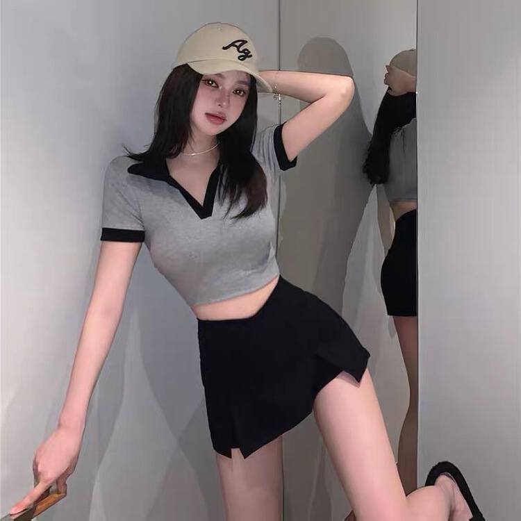 [anan+] Korean color contrast edge short sleeve T-shirt 2055\wtt