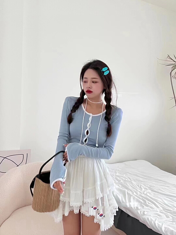 [mi ni] contrast color sunscreen shirt + solid color skirt two piece suit 1037# PCZ