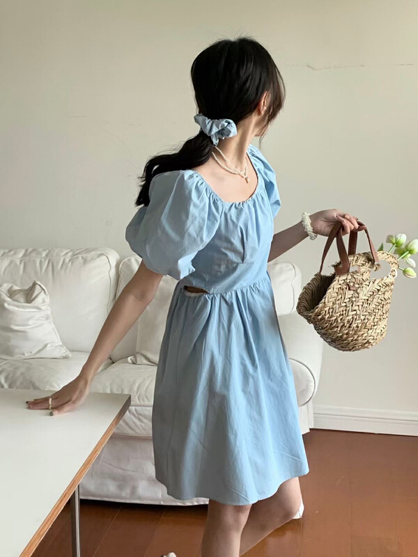 New in early summer! [JH] open waist Lantern Sleeve solid dress (with hair circle) (excluding matching) 41509# PCZ